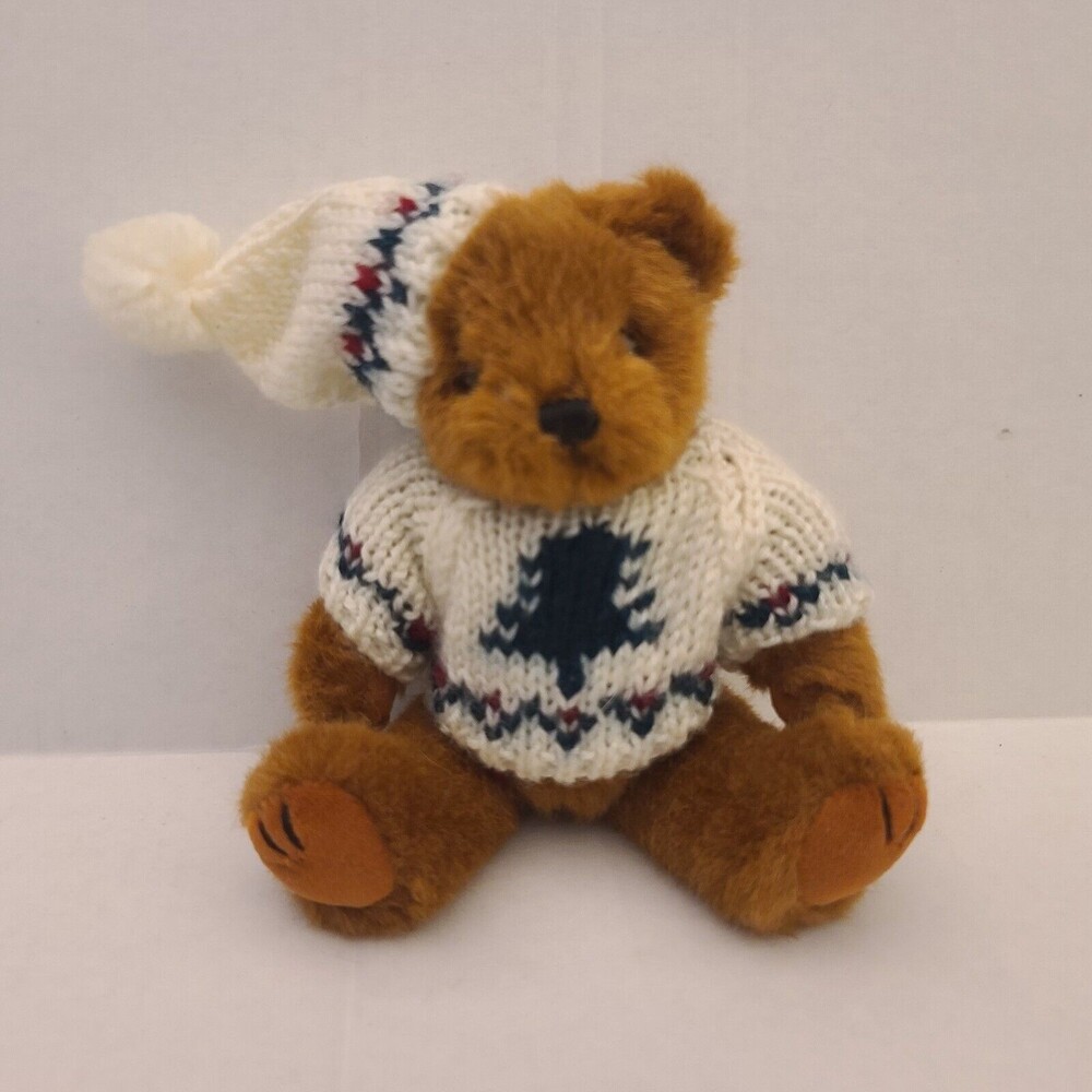 Vintage Chrisha Playful Plush Christmas Bear in Sweater and Stocking Cap